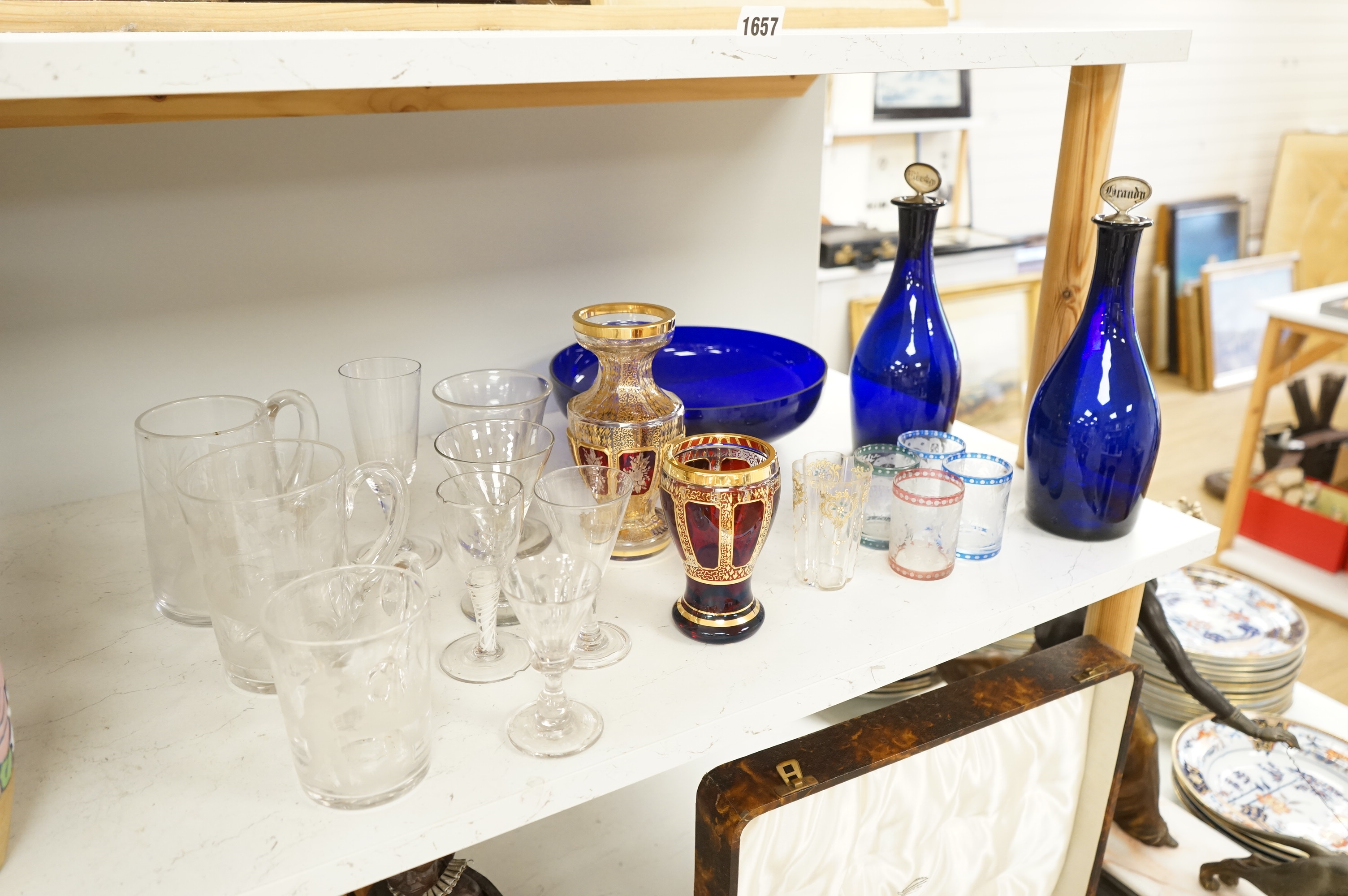 18th century and later glassware including a pair of ‘Bristol’ blue decanters